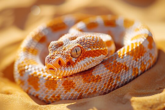 A close-up of a beautiful orange and white snake resting on sandy terrain, showcasing its unique patterns and scales.