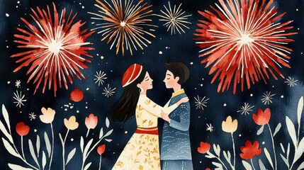 A romantic illustration of a couple dancing under colorful fireworks, surrounded by flowers, capturing a festive and joyful atmosphere.