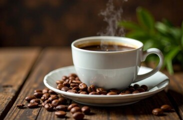 Obraz premium Hot coffee with coffee beans on wooden table