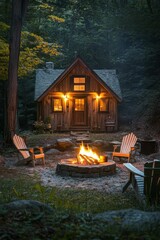 Obraz premium Cozy cabin, fire, forest, chairs, evening.