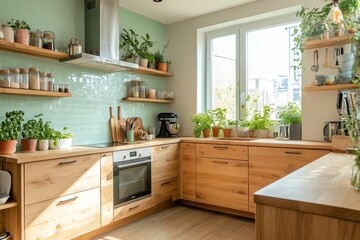 Modern kitchen with wooden cabinets and green plants by the window