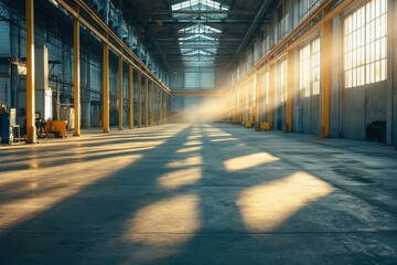 Spacious industrial hallway with glowing sunlight streaming in