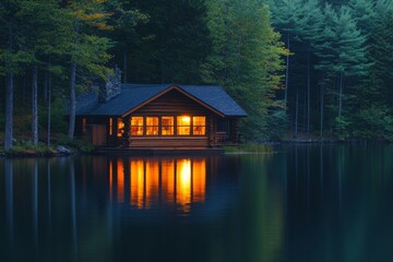 Fototapeta premium Cabin illuminated at night surrounded by a tranquil forest