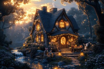 A cozy, enchanting cottage surrounded by nature and playful animals.
