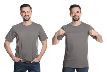 Man in grey t-shirt. Collage of photos on white background. Mockup for design