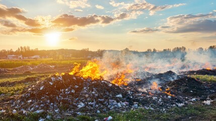 Fototapeta premium Burning Waste in Large Piles on Rural Farm
