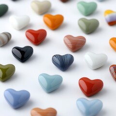 Obraz premium Heart-shaped beads scattered on a white background with glossy textures