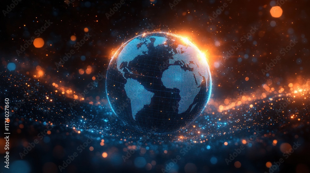 Aufkleber glowing blue hologram globe with world map and ai data streams for global communication and interact