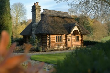 Obraz premium Thatched-roof log cabin, sunny landscape, autumnal setting.