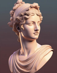 A neoclassical marble bust of a serene woman with wavy hair tied up, draped in a simple cloth, set against a gradient background.