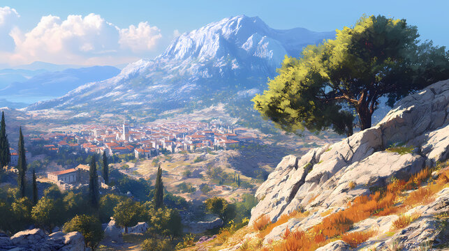 Mount taygetus towering over sparta, with rugged terrain and a glimpse of the city below. Glimpse. Illustration