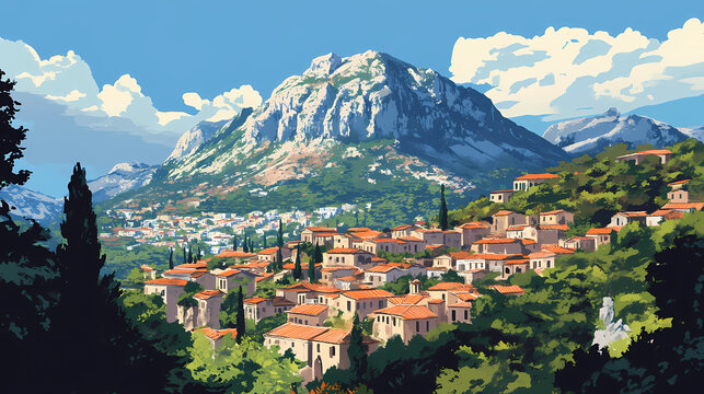 Mount taygetus towering over sparta, with rugged terrain and a glimpse of the city below. Glimpse. Illustration
