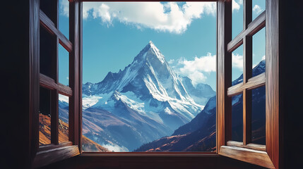 Open window revealing majestic mountain view. Glimpse. Illustration
