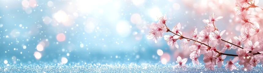 Obraz premium A wide-angle image showcasing flourishing apricot trees with a bright sky as the backdrop, leaving room for additional elements and embodying the spring season.