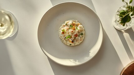 White tabletop with beautifully crafted dish on minimalist plate