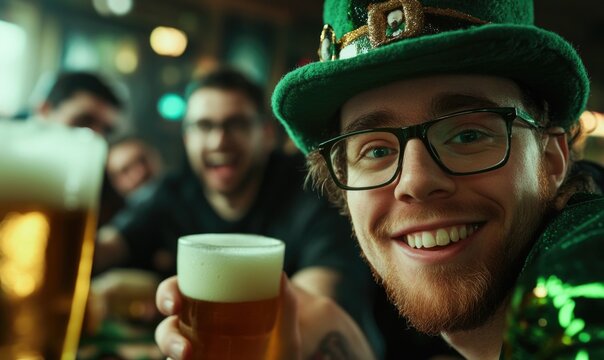 St. Patrick's joy - vibrant celebration of happy people smiling, enjoying, traditional attire, lively festivities, spirit of togetherness in this cultural and joyful occasion.