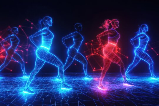 Futuristic digital dancers performing synchronized movements with neon effects - Powered by Adobe