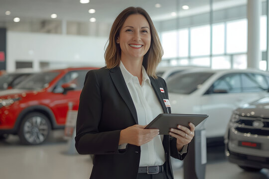 Portrait of professional cheerful car saleswoman scrolling on tablet at car showroom while smiling at it. 
