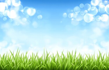 Obraz premium A tranquil spring garden setting features lush green grass and a hazy blue sky.