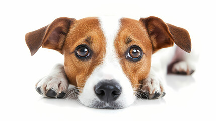 Playful dog glancing upward studio high-resolution image white background close-up animal. Glimpse. Illustration