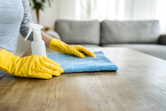 Neat woman spraying detergent on counter at home and cleaning with microfiber cloth. 
