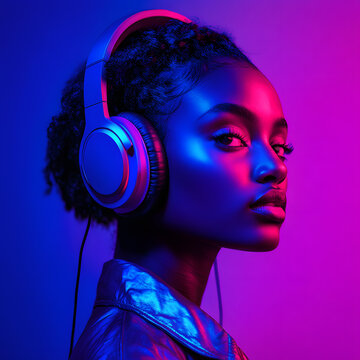 Young African American woman wearing headphones listening to music and dancing in futuristic purple cyberpunk neon light background 
