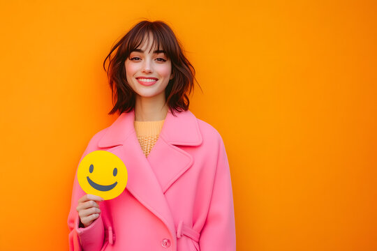 Happy girl holding piece of paper with blue emoji, isolated on orange background. Blue monday concept. 
