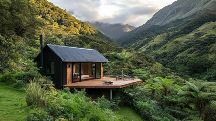 Mountain cabin, deck, lush greenery, valley view.