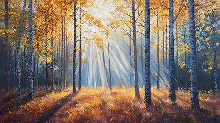 A serene autumn forest with sunlight filtering through vibrant trees and colorful foliage.