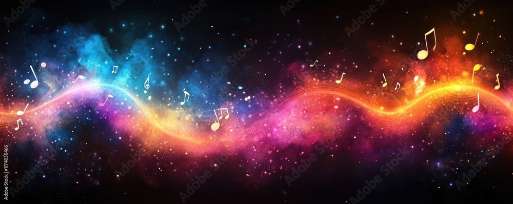 Poster vibrant abstract representation of sound waves with musical notes in bokeh lighting