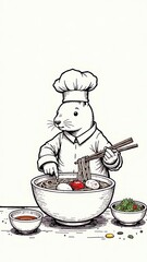 A charming anthropomorphic chef rat in a chef hat and coat skillfully preparing a bowl of ramen using chopsticks, surrounded by fresh ingredients and bowls of garnish