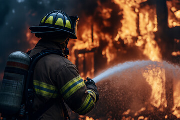 Naklejka premium A firefighter extinguishing a house fire with a water hose.