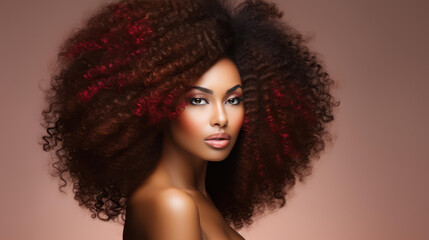 Fototapeta premium Stunning portrait of a young African American woman with a striking afro, radiating beauty against a clean white backdrop.