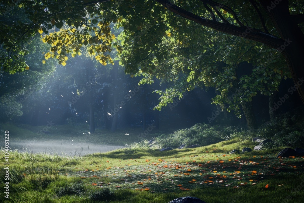 Poster light filters through trees illuminating a serene forest clearing at dawn