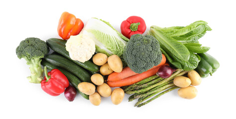 Many different ripe vegetables isolated on white, top view