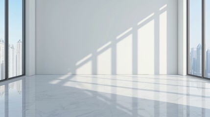 A sleek, sunlit room with marble floors and city views, perfect for modern minimalism and elegance.