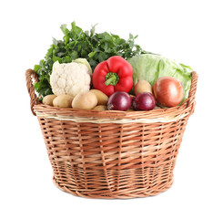 Different ripe vegetables in wicker basket isolated on white