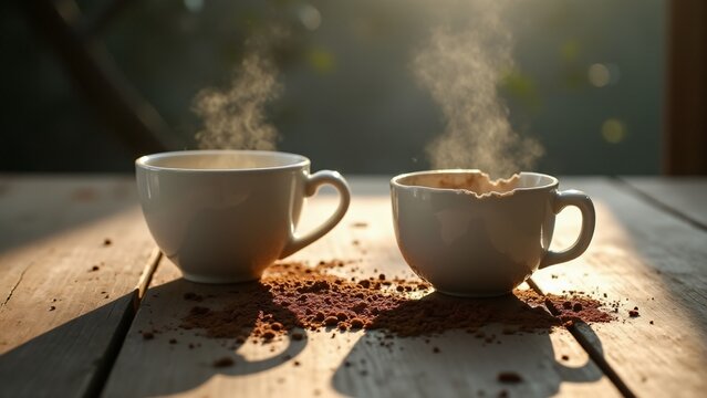 A pristine coffee cup beside a shattered one symbolizes societal imbalance, contrasting privilege and care with neglect and exclusion, evoking inequality in value and opportunity.