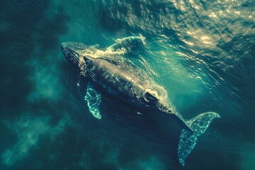 Obraz premium A majestic gray whale gracefully swimming in clear blue waters, showcasing its size and elegance.