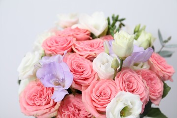 Beautiful wedding bouquet on light background, closeup