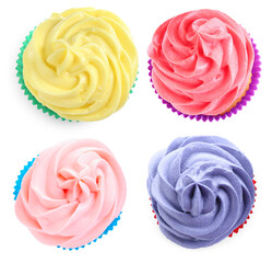 Yummy cupcakes with colorful cream isolated on white, set. Top view