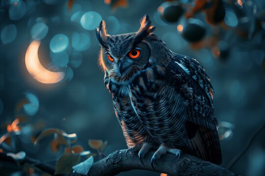 A majestic owl perched on a tree branch, illuminated by moonlight, showcasing its vivid orange eyes and intricate feathers.