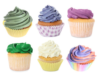 Yummy cupcakes with cream isolated on white, collage