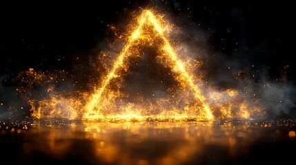 Fiery triangle frame with smoke and sparks on dark background.