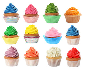 Yummy cupcakes with cream isolated on white, collage
