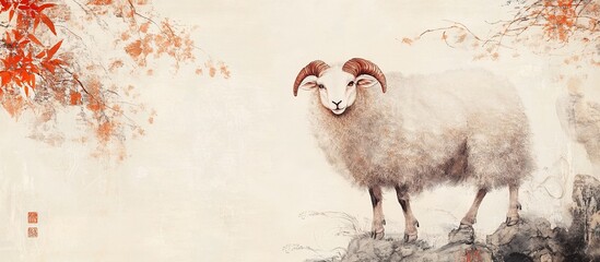 Sheep on rock, red leaves, painting.