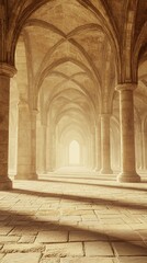 Light at end of long, arched hallway.