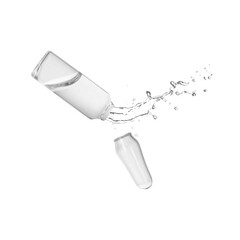 Open ampoule with splashing liquid in air on white background