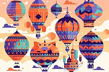 Obraz premium Colorful hot air balloons with intricate patterns against a pastel background.