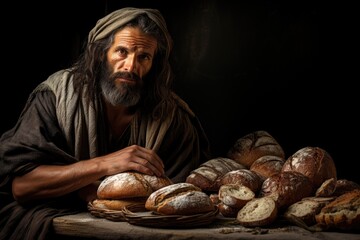 Jesus Christ love: providing sustenance, feeding the less fortunate, bread for the poor, compassion expressed, spiritual outreach, divine intervention, mercy shown, charitable gesture humble offering.